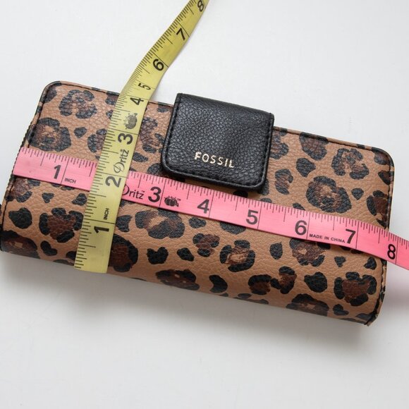 Fossil Zip Clutch Continental Wallet Leopard Pebbled Brown Black - Picture 6 of 8